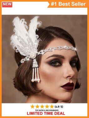 Feather Pearl Headband 1920s Flapper Hair Accessory for Wedding Prom